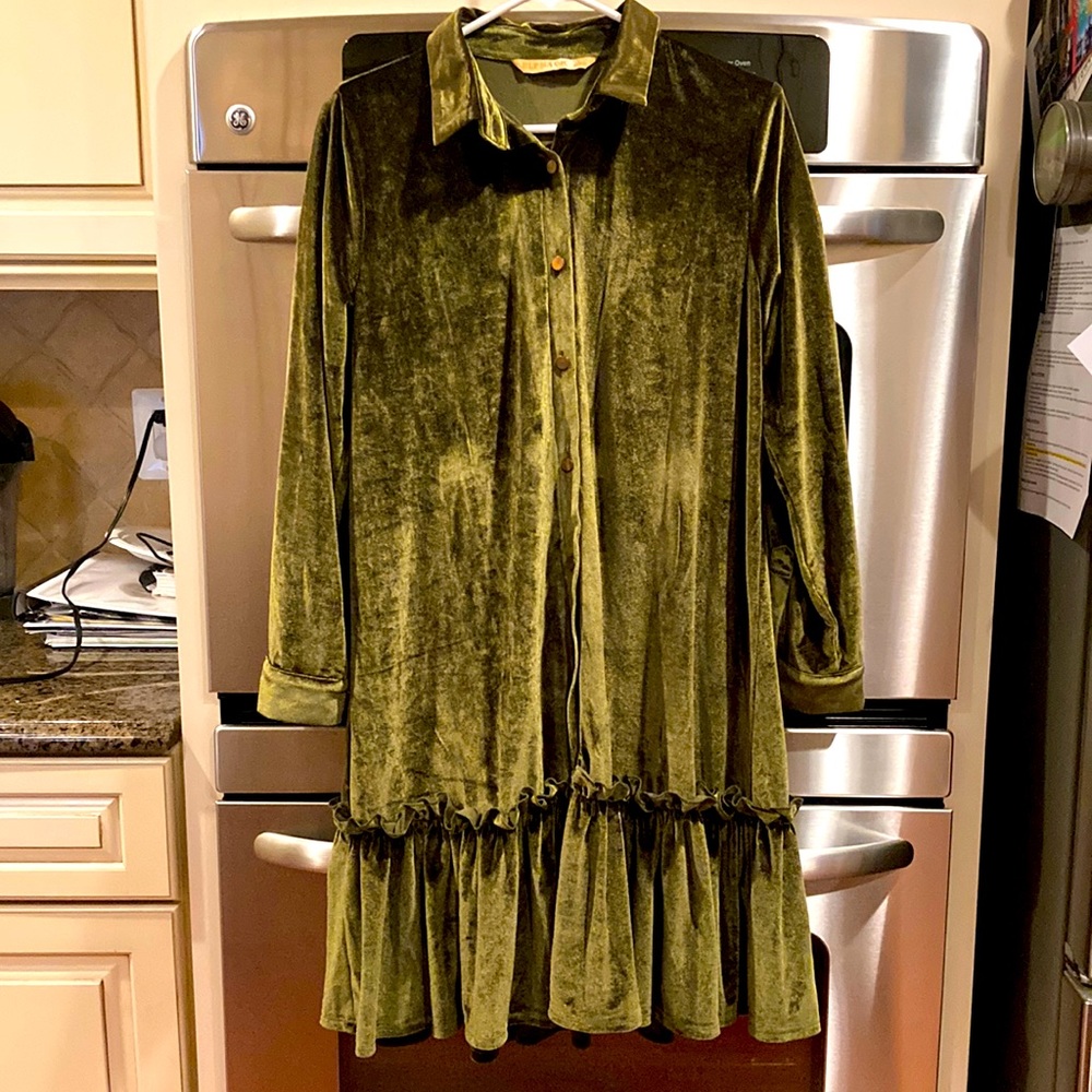 Army/hunter Green velvet shirt dress Elf Sack